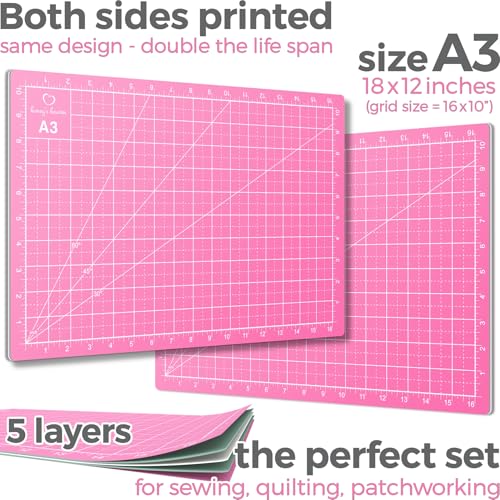 Rotary Cutter Set pink - Quilting Kit incl. 45mm Fabric Cutter, 5 Replacement Blades, A3 Cutting Mat, Acrylic Ruler and Craft Clips - Ideal for Crafting, Sewing, Patchworking, Crochet & Knitting y - color: Pink, size: A3 (18" x 12")