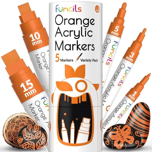 5 Orange Paint Pens - Acrylic Paint Marker for Rock Painting, Wood | Extra Fine Tip, Thin & Jumbo Pen (1mm, 3mm, 6mm, 10mm, 15mm) for Metal, Fabric, Plastic, Canvas, Glass - Water-based Ink - color: Orange