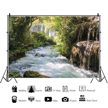 7x5ft Vinyl Green Forest Backdrops for Photography Background Mountain and Water Landscape Beautiful Waterfall and River Ancient Tree Outdoor Explore Holiday Backdrop Photo Studio - size: 7x5ft