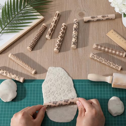 Conderyang 16Pcs Wooden Clay Texture Roller Set Clay Modeling Pattern Rollers Wooden Texture Rollers Wood Pottery Tools Pottery Tool Set for Artists Art Creation Ceramic DIY, 4In x 0.6In（Style 1) - color: Style 1