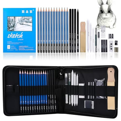H & B 33 Pieces Drawing Pencils Set, Sketching Pencils Set & Drawing Kit, Includes Sketch Pad, Graphite Pencils, Charcoal Sticks and Eraser, Supplies for Artists/Beginner/Adults - size: 33 Piece Set