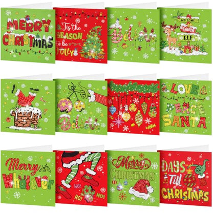 Saillong 12 Pack Christmas Diamond Painting Greeting Card Kits DIY Lime Green Christmas Diamond Art Cards with Envelopes Xmas 5D Rhinestones Painting for Adults DIY Craft Family Friend Xmas Gifts - color: Lime Green Christmas