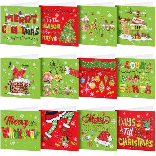 Saillong 12 Pack Christmas Diamond Painting Greeting Card Kits DIY Lime Green Christmas Diamond Art Cards with Envelopes Xmas 5D Rhinestones Painting for Adults DIY Craft Family Friend Xmas Gifts - color: Lime Green Christmas