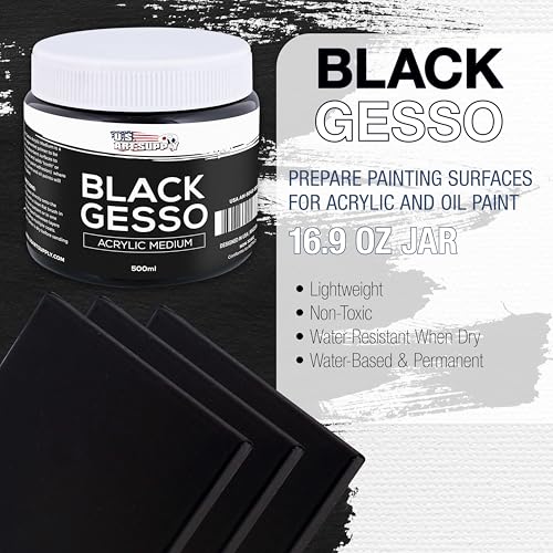 U.S. Art Supply Black Gesso Primer - 16.9oz (500ml) for Oil & Acrylic Paint - Superior Coverage, Canvas Prep, Mixable White Gesso Paint Artists - color: Black