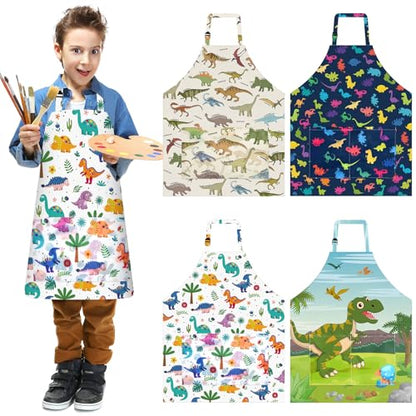 PLULON 4 Pcs Kids Aprons with Pockets Painting Apron for Kids, Dinosaur Kids Apron Adjustable Strap Dino Apron for Painting Cooking Baking Girls Boys Paint Dinosaur Party Supplies, 3-8 Years - color: Multicolor Dinosaur