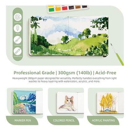 TX Liteart Watercolor Sketchbook, 5.5" x 5.5", 300 GSM Cold Press, Cotton | Green, 24 Sheets, 48 Pages. Pure Cotton, 140Lb Heavyweight Pad For Mixed Media, Watercolor Journal for Travel Sketching