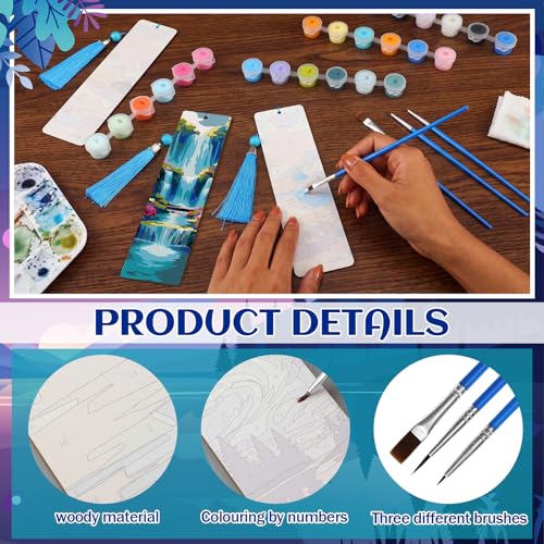 Kosiz 12 Pcs Night Landscape Paint by Number Kit for Adult Wood Bookmark | Mini Paint by Numbers Kit, Painting Decor, Tiny Mountain Tassels Blank Bookmarks, for Small DIY Craft Book Lovers Gift 7x2 '' - style: Night Landscape
