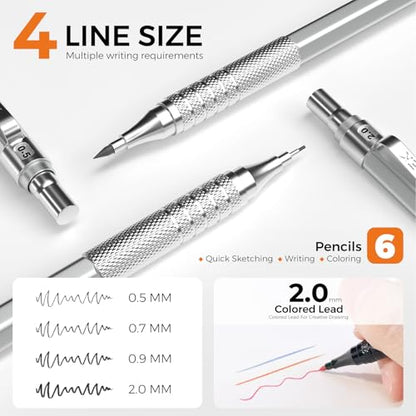 35Pcs Art Mechanical Pencil Set with Case, 0.5 0.7 0.9 2.0 Graphite Metal Drawing Drafting Pencils, Sharpener Erasers 384PCS Lead Refills (6B 4B 2B HB 2H 4H Colors)Pencils for Writing Sketching,Silver - color: silver
