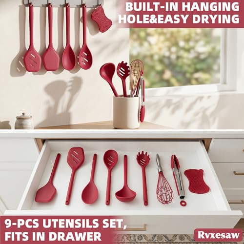 Kitchen Utensils Set,9 PCS Silicone Cooking Utensils Set Spatula Set,Cooking Utensils Tool,Tongs,Spoon,Whisk,Brush,Dishwasher Safe Kitchen Gadgets for Non-Stick Cookware,Home Essential(Red) - color: PERSIAN RED
