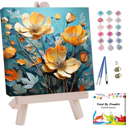 Artunion Framed Paint by Numbers Kit for Adults Beginners & Kids Ages 8-12,Yellow Flower Paint by Number with Frame,Floral Abstract Paint by Numbers Kit on Canvas 10 * 10 Inch Without Easel - color: ZXT-240-F