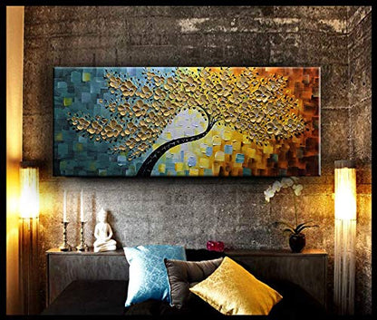YaSheng Art -Large Wall Art ,100% Hand Painted Gold Flowers Contemporary Art Oil Painting,3D Wall Art Texture Floral Tree Paintings, Wall Art for living room Bedroom Office Wall Deco Home, Abstract Canvas Art Paintings Framed Wall Art Pictures 60 by24 inc