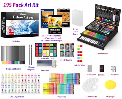 iBayam Art Set,195-Pack Arts and Crafts for Kids Ages 8-12, Deluxe Gift Box | Painting Kit Art Supplies for Adults Teens Kids, Art Kits with 24 Acrylic Paint, Sketchbook, Canvases, Crayons, Pencils - color: Black