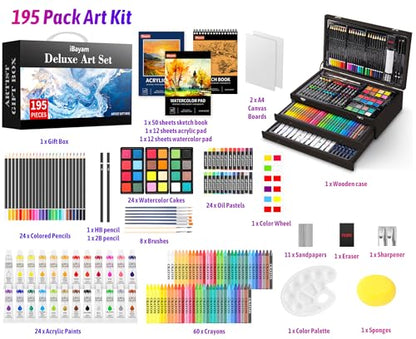 iBayam Art Set,195-Pack Arts and Crafts for Kids Ages 8-12, Deluxe Gift Box | Painting Kit Art Supplies for Adults Teens Kids, Art Kits with 24 Acrylic Paint, Sketchbook, Canvases, Crayons, Pencils - color: Black