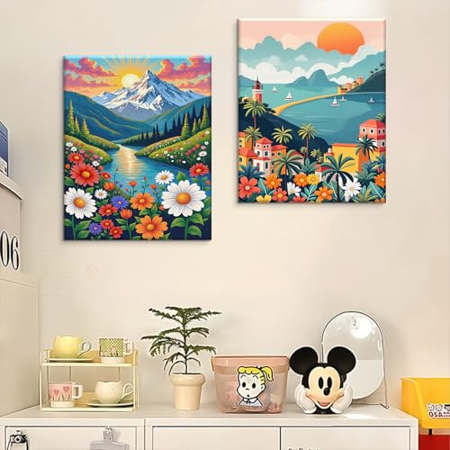 Pangoo Art 2 Pack Paint by Numbers Kit for Adults Beginners & Kids Ages, Paint by Number for Sunrise Mountains, 12" Wx16 L Acrylic Adult Paint by Number in Colorful Box for Home Decor - color: PA-Mountains