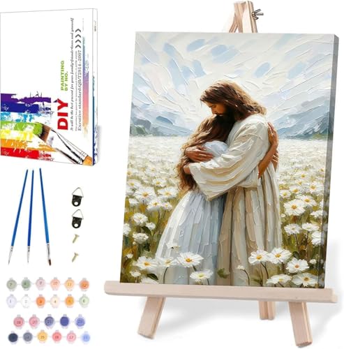 Jesus Paint by Numbers Kit for Adults Framed Canvas, with Wooden Easel | Jesus Christian Number Artist Paint by Number on Canvas, DIY Acrylic Oil Painting Kits for Home Decor 9.45x11.8in - color: YH02645