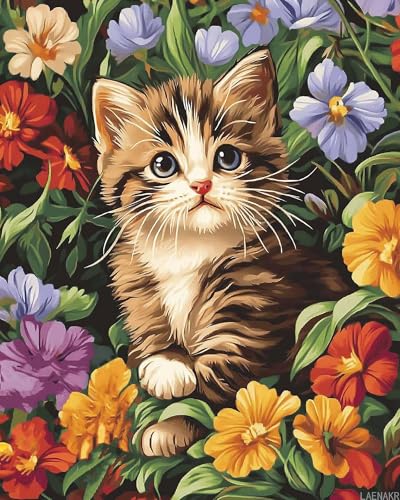 Paint by Numbers Cute Cat, Kitten Surrounded by Flowers Paint by Number for Adults Beginner on Canvas, Cat Portrait Acrylic Oil Painting Kit, Home Wall Decor Animals (16x20inch, No Frame)