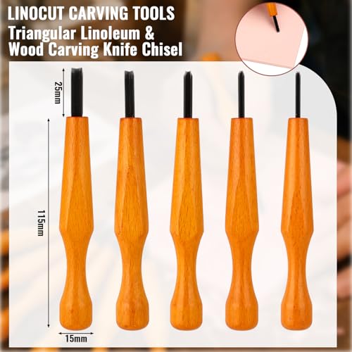 Oh Klyzo 5 Pcs Linocut Carving Tools Plus 6 Pcs 4"x6" Soft Rubber Linoleum Blocks for Printmaking Stamp Carving Wood Linocut Tools V-Shaped Chisels for Beginner Artist Block Printing Craft