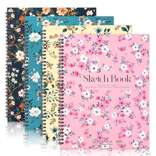 4 Pack Sketch Book for Kids, 8.5 × 11 in, Spiral Bound, 30 Sheets Each | 100gsm Acid-Free Paper, Hardcover with Backboard, Lay-Flat Top Spiral, Ideal for Graphite, Crayon, Charcoal & Colored Pencil - color: Artistic Floral, size: 8.5×11 Inch (4 pack)