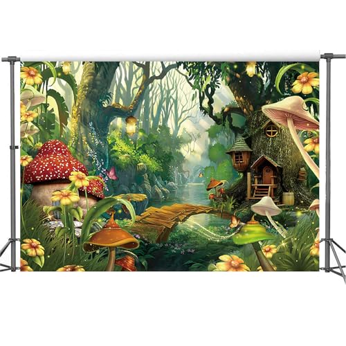 Yeele 9x6ft Enchanted Forest Photo Backdrop Spring Mushroom Wonderland Fairy House Photography Background Girl Room Wall Decorations Birthday Baby Shower Banner Photo Props - size: 9x6ft