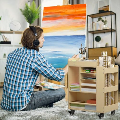 Art Cart Rolling Wood, Arts and Crafts Supply Organizer with Bookshelf | Multi-Functional Art Organizer Cabinet, Diy Utility Cart Small Art Supply Storage for Classroom Kindergartens Office Bedroom