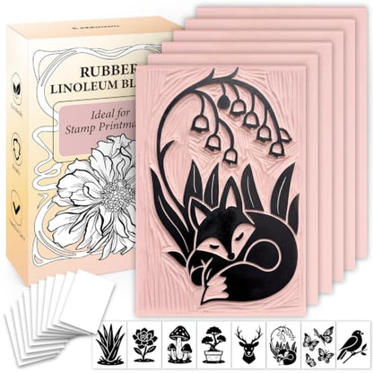 Rubber Linoleum Blocks for Printmaking, 6pcs Linocut Blocks with 8 Stencils and 10 Transfer Papers, Linocut Kit for Printing and Stamp Making DIY Art Craft