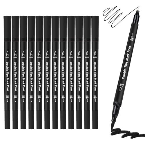 Black Double Tip Brush Pens Art Markers,12 Colored Artist Fine Brush Pen Coloring Markers for Adult Drawing Art Craft Kit - color: Black