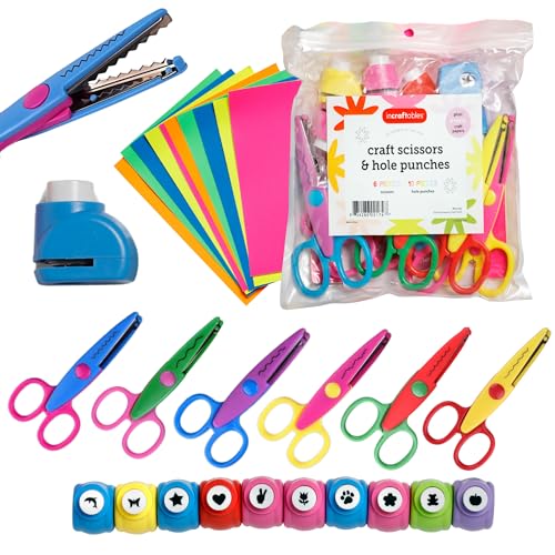 Craft Scissors Set – 26 Pcs, Paper Hole Punch & Decorative Cutting Edges | Incraftables 6 decorative scissors, 10 hole punch shapes & 10 colorful sheets – great for kids & scrapbooking.