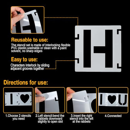 1.5 Inch Letter Stencils,43Pcs Reusable Letter Stencils for Painting | Alphabet Symbol Numbers Stencils Interlocking Kit for Painting on Wood, Wall, Fabric, Rocks, Chalkboard, Sign & DIY Art - size: 1.5 inch