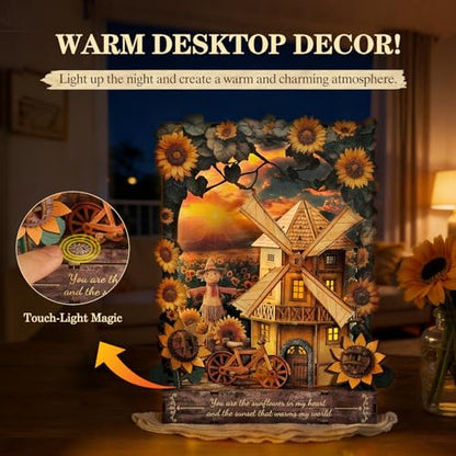 3D Puzzles for Adults Sunset Windmill Wooden Bloom Craft with LED Light - color: Sunflower-1