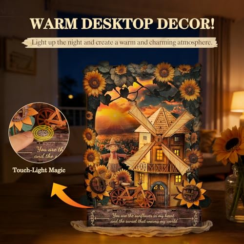 3D Puzzles for Adults Sunset Windmill Wooden Bloom Craft with LED Light - color: Sunflower-1