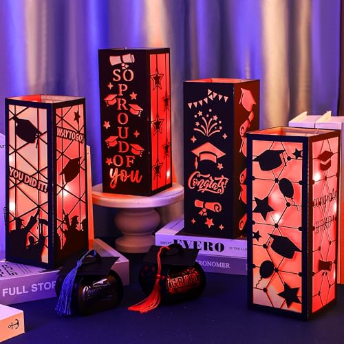 Feifeiya 4 Pcs 2026 Graduation Table Centerpieces Boxes Class of 2026 Graduation Table Lanterns with LED String Lights for Congrats Grad School College Party Supplies, 10.63 x 3.94 Inches(Red) - color: Red