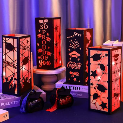 Feifeiya 4 Pcs 2026 Graduation Table Centerpieces Boxes Class of 2026 Graduation Table Lanterns with LED String Lights for Congrats Grad School College Party Supplies, 10.63 x 3.94 Inches(Red) - color: Red