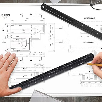 Architectural Scale Ruler with Straight Ruler, 12 Inches Imperial Measurements, Blcak Laser-Etched Aluminum Architect Triangular Ruler for Architects, Engineers, Architects, Students and Draftsman | Black, Laser-Etched Aluminum Architect Triangular Ruler