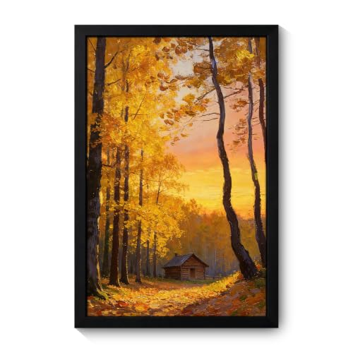 Seaofcity Autumn Golden Forest Cabin Canvas Wall Art Vintage Decor, Landscape Wall Art, Oil Painting Decorations, Black Wood Frame for Living Room Bedroom Bathroom Office Decorations, 8" W x 10" L - color: Golden Fall Cabin, size: 10"l X 8"w