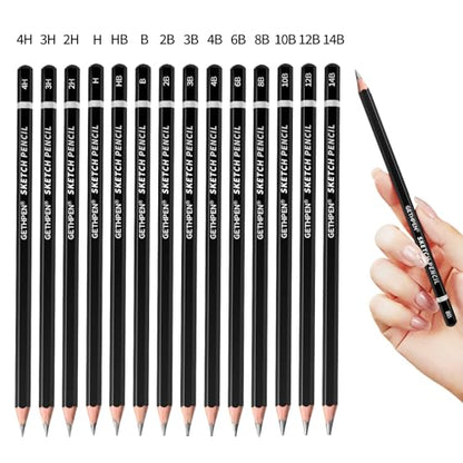 GETHPEN Drawing Sketching Pencil Set, 14 Pieces Graphite Pencils(14B - 4H) | 14Pcs Graphite Drawing Pencil Set, 14B to 4H Hardness, Sketch Shading Supplies for Beginners and Professional Artists