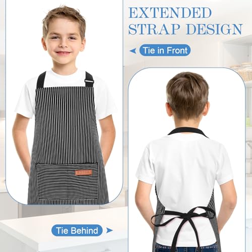 3 Pack Stripes Kids Apron, Adjustable Kids Cooking Aprons with 2 Pockets, Cute Chef Baking Aprons for Boys and Girls - color: Black + Blue + Grey, size: 45x50cm