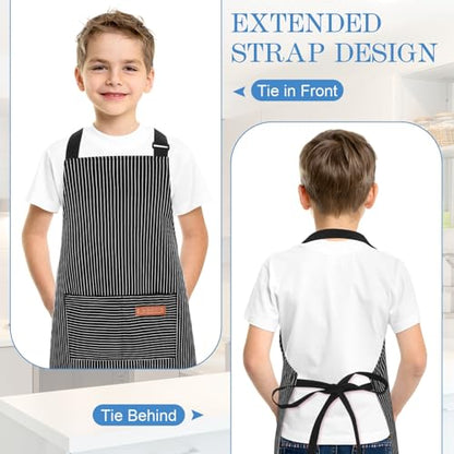 3 Pack Stripes Kids Apron, Adjustable Kids Cooking Aprons with 2 Pockets, Cute Chef Baking Aprons for Boys and Girls - color: Black + Blue + Grey, size: 55x65cm