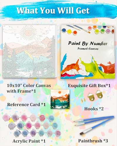 TOCARE Framed Paint by Numbers Kit for Adults Beginner, Sunset Mountains Paint by Number Framed,Easy Adult Paint by Number Kits on Canvas Framed (10x10 Inch, Without Easel) - color: TC-F-94
