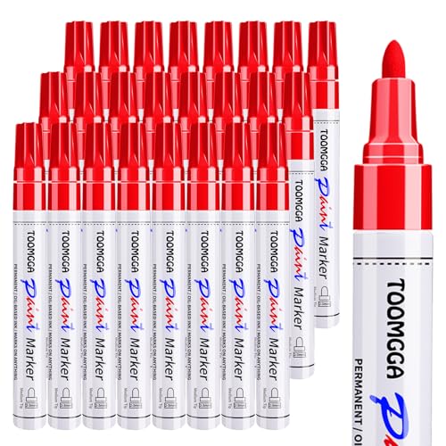 TOOMGGA 24 Red Paint Pens Permanent Paint Markers, Oil Based Medium Tip | Marking Pens, Quick Drying, Waterproof, Fade-resistant, for Rock Painting, Car Tyre, Metal, Plastic, Canvas, Wood, Glass - color: Red