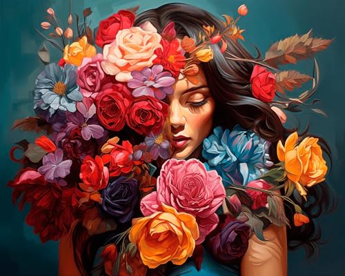 Clendo Flower Woman Paint by Numbers Kit for Adults, DIY Flower Paint by Numbers on Canvas, Colorful Picture Oil Painting Art and Crafts Kits for Wall Decor 16x20inch(Without Frame) - color: MT19943-US, size: Frameless