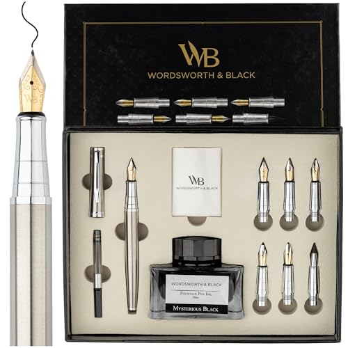Wordsworth & Black Luxury Calligraphy Pen Set for Writing, 6 Nibs,Silver | Fountain Ink Bottle, Cartridges & Refill Converter, Refillable, Silver, High End Gift for Men & Women, Journaling & Lettering - color: Silver Chrome