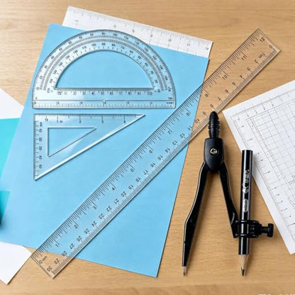 Plastic Geometry Math Set,12 Inch Ruler,Compass,Pencil,Protractor Square | Sharpener Set for Student School Office