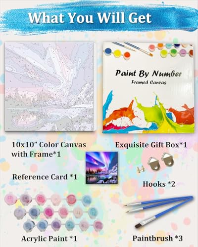 TOCARE Framed Paint by Numbers Kit for Adults Beginners & Kids Ages 8-12, Aurora Paint by Number with Frame,Northern Lights Paint by Numbers Framed Canvas(10x10 Inch, Without Easel) - color: TC-F-213