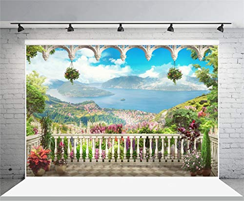 AOFOTO 15x10ft Retro Garden Terrace Backdrop Beautiful Balcony Scenery Photography Background Vintage Archway Landscape Girl Bride Portrait Seascape Romantic Wedding Photo Studio Props Vinyl Wallpaper - size: 15x10ft