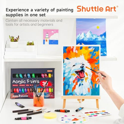 Shuttle Art 54 Pack Acrylic Paint Set, Acrylic Painting Set with 30 Colors Acrylic Paint, Wooden Easel, Painting Canvas, Paint Brushes, Palette, Art Painting Supplies for Kids Adults Beginner Artists