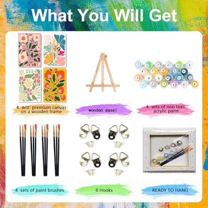 4 Pack Flower Paint by Numbers for Adults with Framed Canvas - Wooden Easel - color: BKH2183+BKH2184+BKH2185+BKH2186