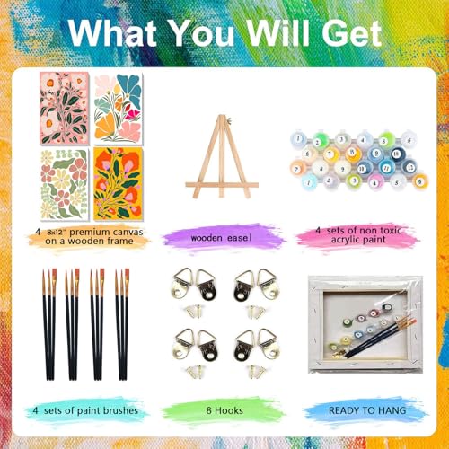 4 Pack Flower Paint by Numbers for Adults with Framed Canvas - Wooden Easel - color: BKH2183+BKH2184+BKH2185+BKH2186