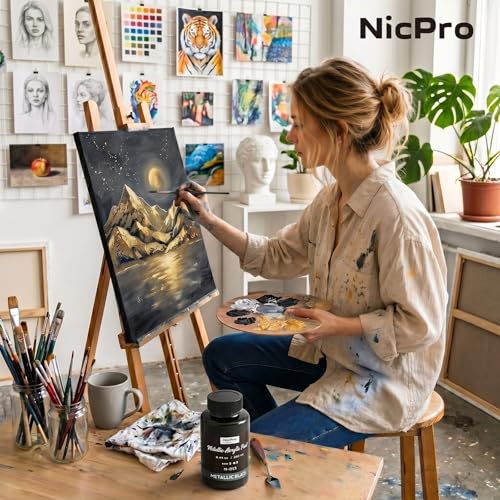 Nicpro Metallic Black Acrylic Paint, 8.45oz/250ml Large Black Craft Paint | Pearlescent Non Toxic, Non Fading Paints for Metal, Wood, Clay, Fabric, Canvas, Ceramic, Furniture, Handcrafts Art Supplies - color: Metallic Black, size: 8.45 Fl Oz (Pack of 1)