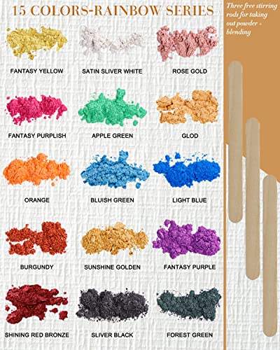SEISSO - 150g Mica Powder - 15 Colors Epoxy Resin Pigment - Shimmery Pigment Powder for Slime, Paint, Soap Making, Nail Polish, Epoxy Resin, Candle Making, Bath Bombs - color: 15 Colors-Rainbow