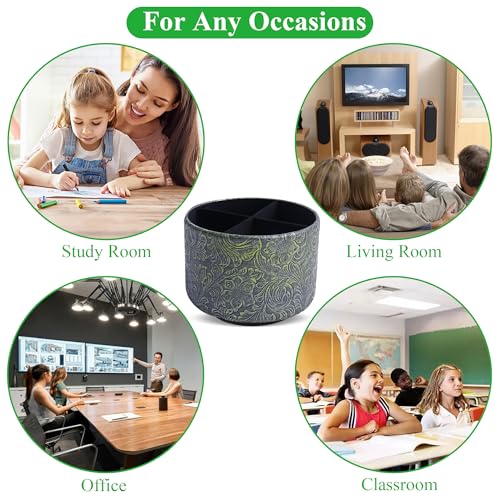 Round Leather Art Supply Organizer,Remote Control Holder,360 Degree Spinning,Multi-Functional Pencil Holder,4 Compartments Desktop Stationary Organizer(1-Carved Metal Green2) - color: 1-Carved Metal Green2